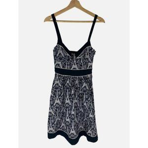 KITTEN DAMOUR Black  &  White Eiffel Tower Print Fit  &  Flare Dress
